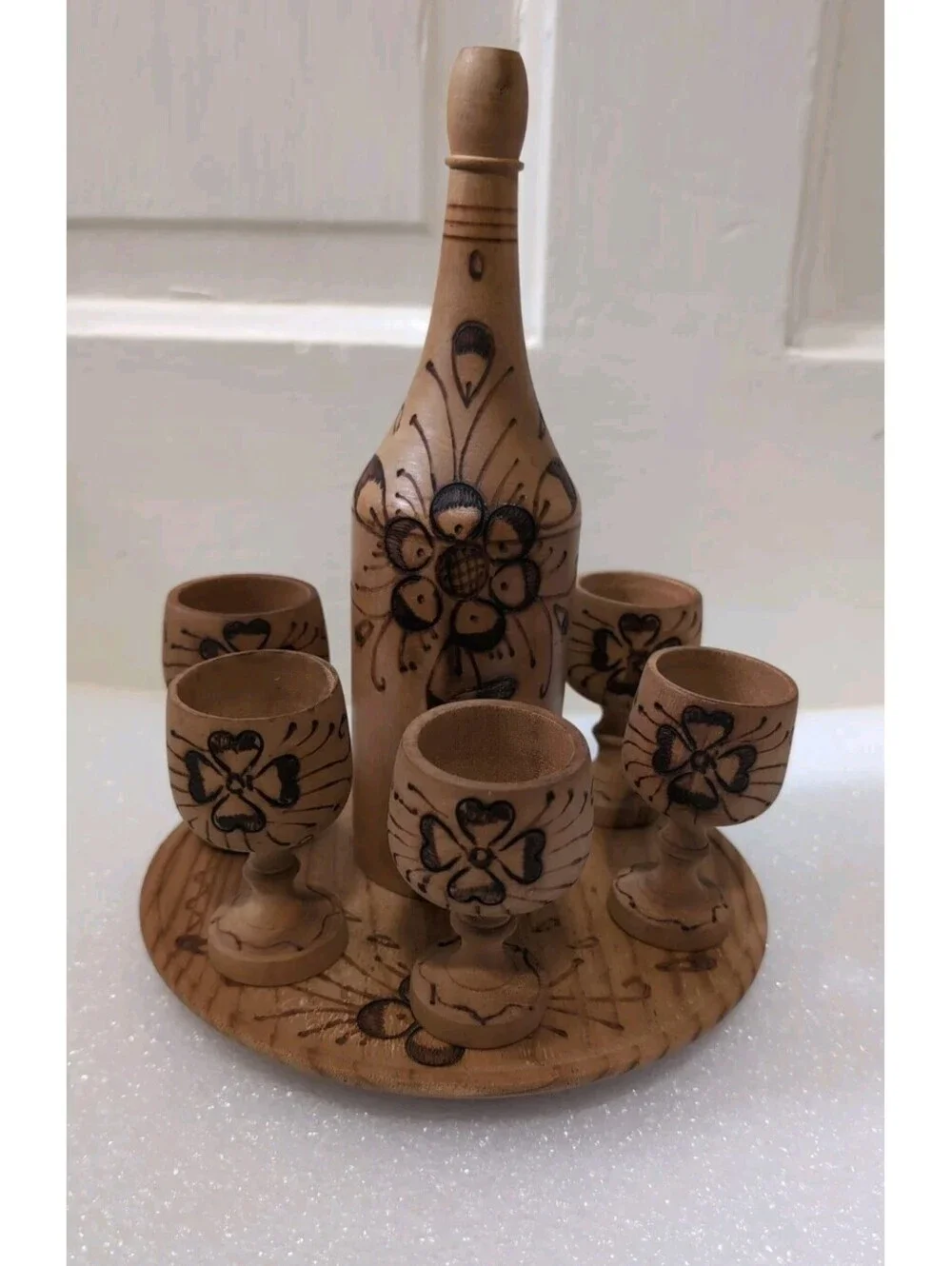 Vintage Wooden Pyrography Folk Art Decanter with 6 Stem Cups and Serving Tray